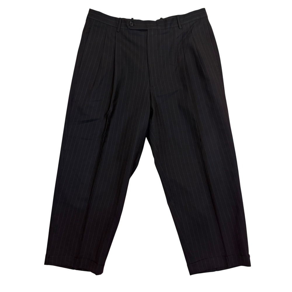 Corbin Mens Pinstripe Pleated Dress Pants Black Wool Cuffed Trousers 37R 37x32